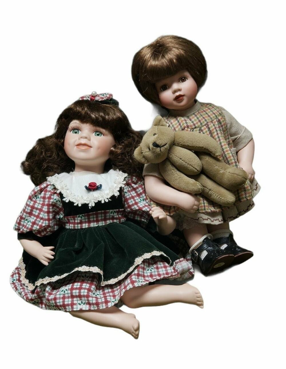 Beautiful Porcelain Baby Dolls Curly Hair Green Eyes Christmas Dress Teddy Girls